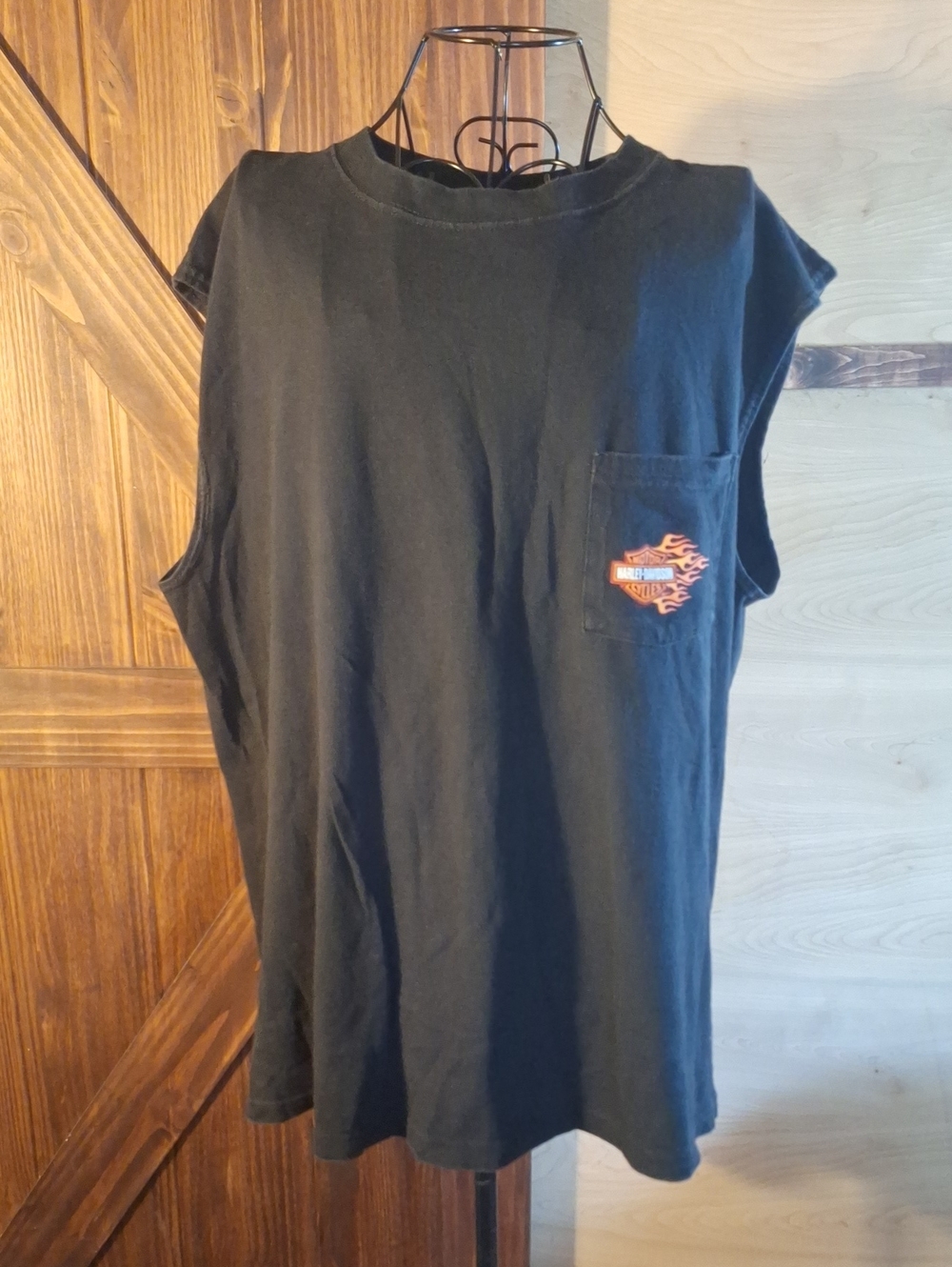Vintage Harley-Davidson Black  Sleeveless Pocket Tank with Orange Flame Logo